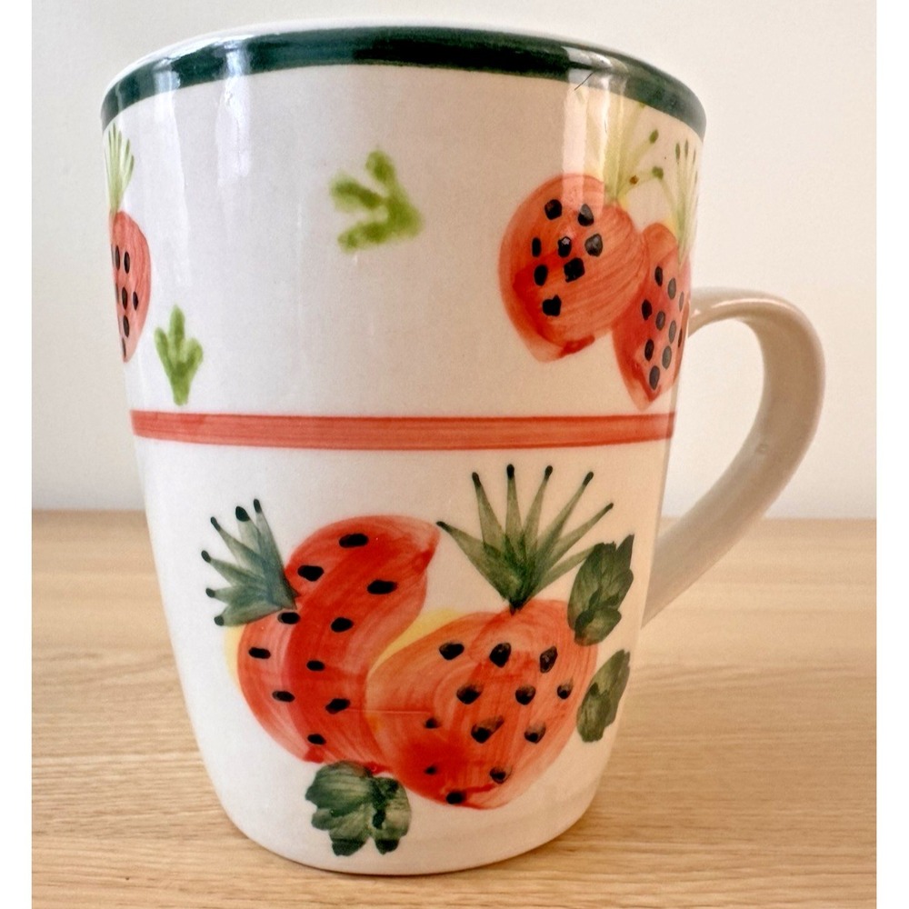 Emerald Collection Hand Painted Strawberry Coffee Mug Fruit Cup White Ceramic